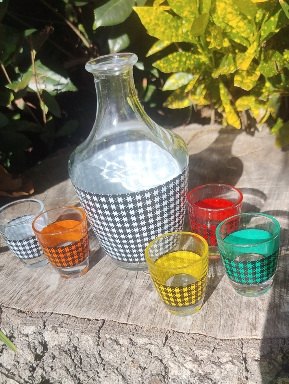 Mid-century Modern Glass Decanter Set , Patterned Shot Glasses - Multicolor